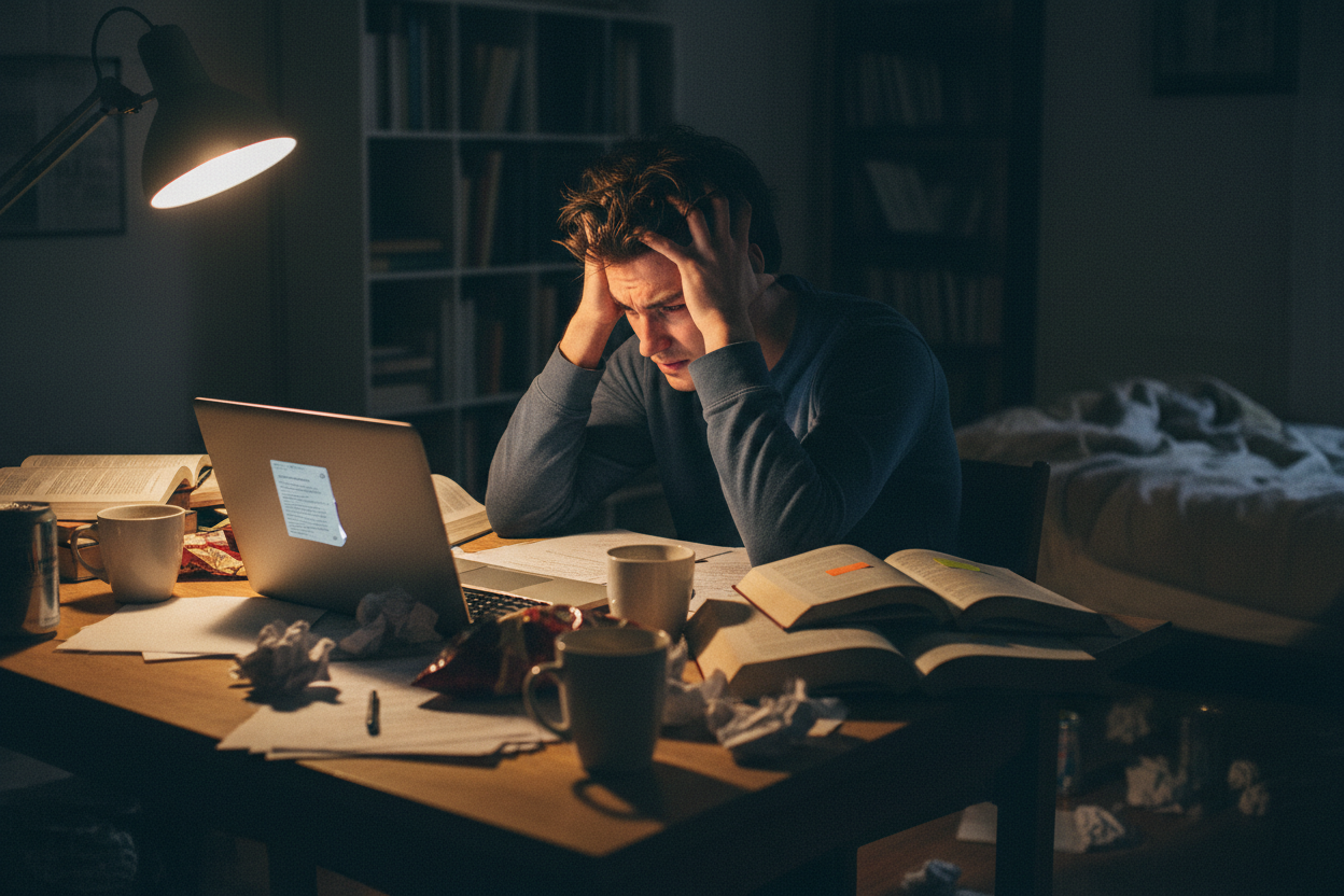 熬夜焦虑抓头写论文的照片